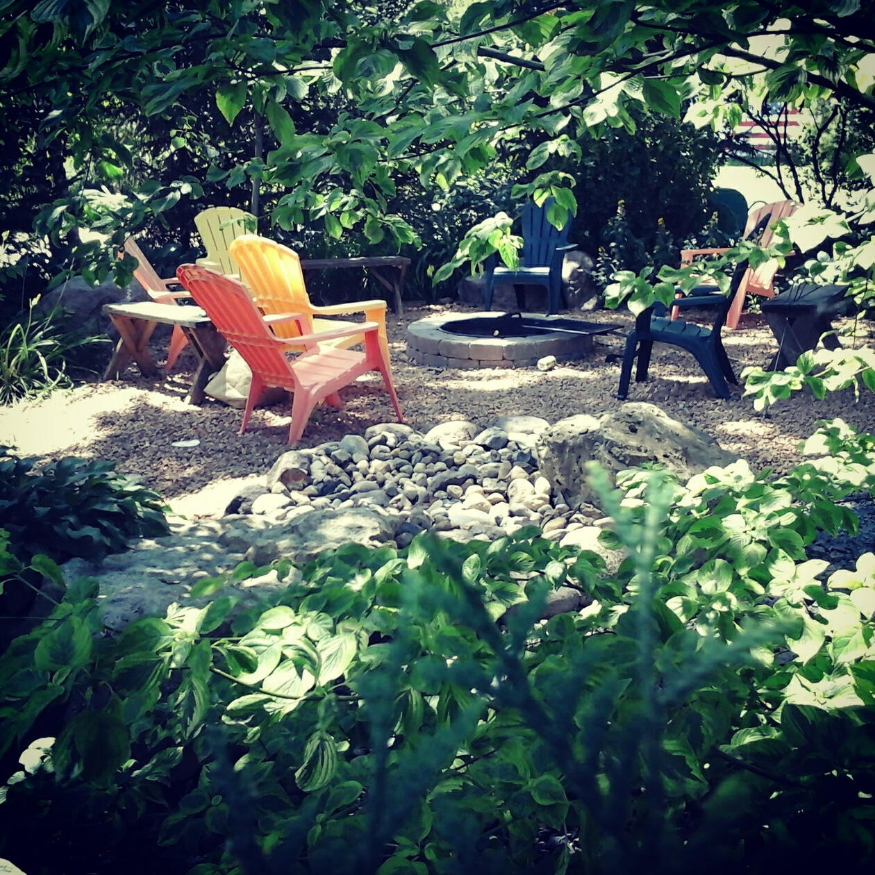 Secret firepit patio with water feature.